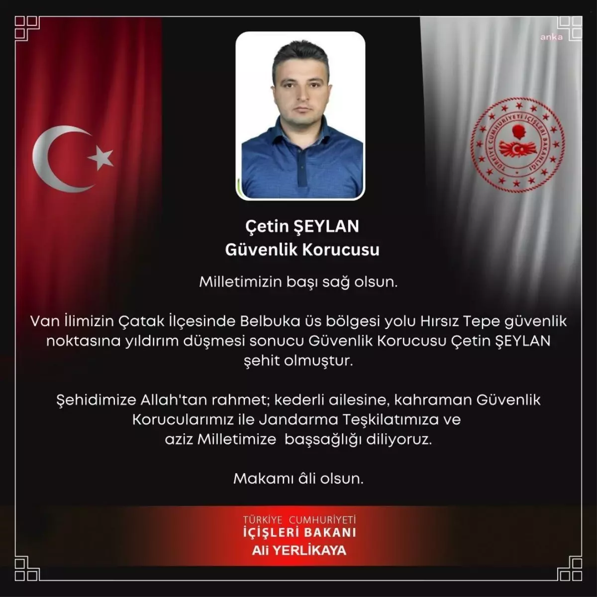 Van Çatak\'ta yıldırım çarpması sonucu bir güvenlik korucusu şehit oldu