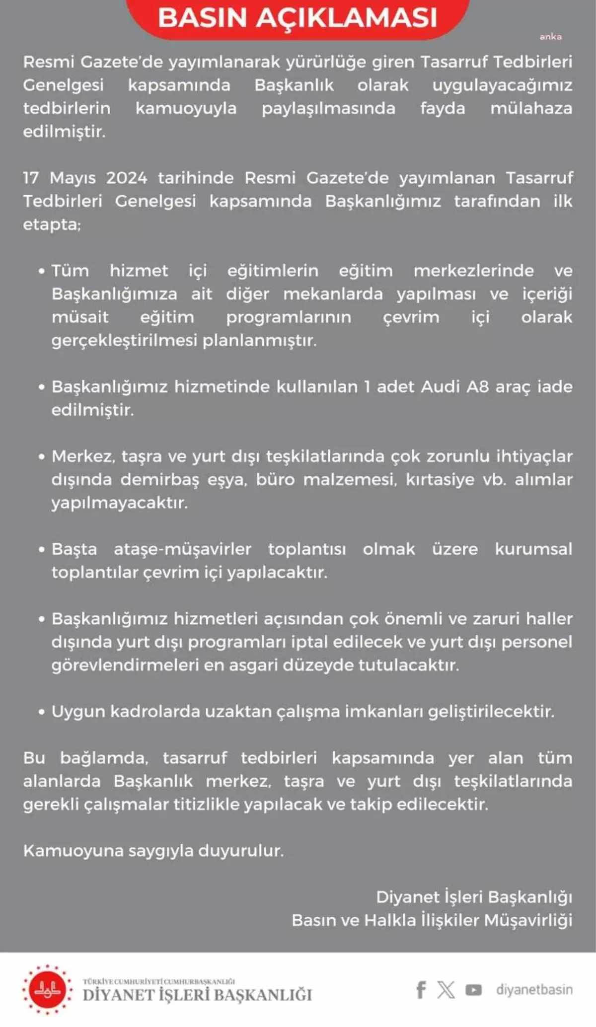 Diyanet İşleri Başkanlığı, tasarruf tedbirleri kapsamında bir Audi A8 aracını iade etti