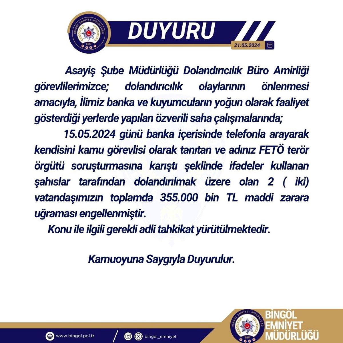 Bingöl\'de Polis Ekipleri Dolandırıcılık Olayını Önledi