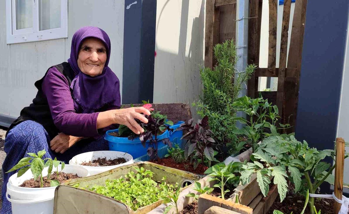 Depremden sonra evi yıkılan yaşlı kadın, konteynerin önüne bahçe yaptı