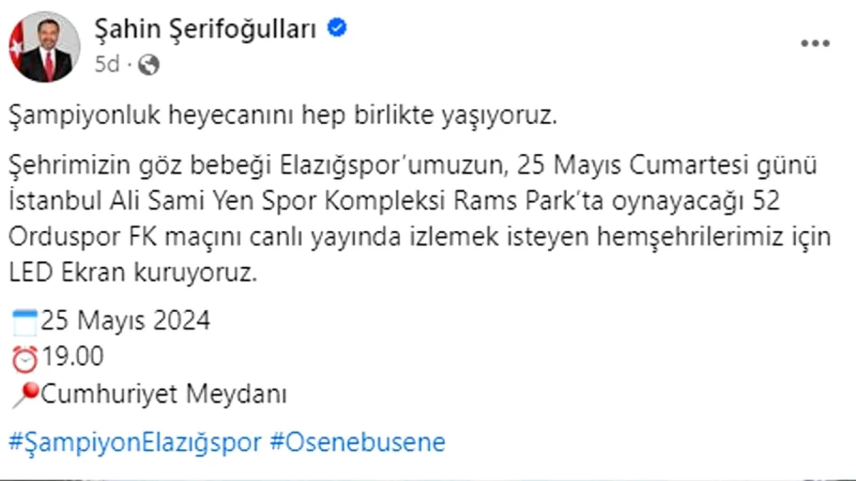 Elazığspor-52 Orduspor play-off final maçı için dev ekran kurulacak