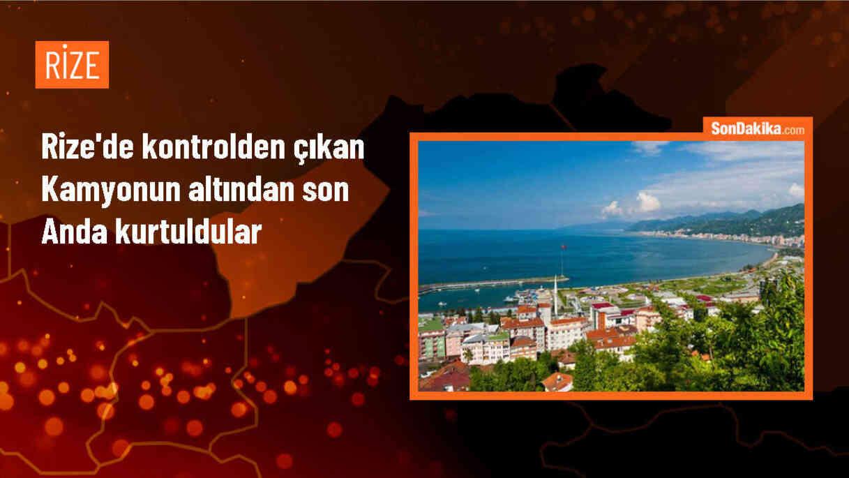 Rize\'de kontrolden çıkan kamyon iki araca çarpmaktan son anda kurtuldu