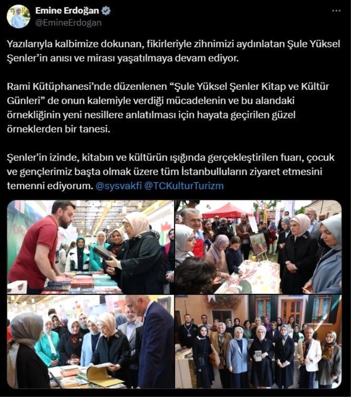 Emine Erdoğan, Şule Yüksel Şenler Vakfı Kitap ve Kültür Günleri\'ni övdü