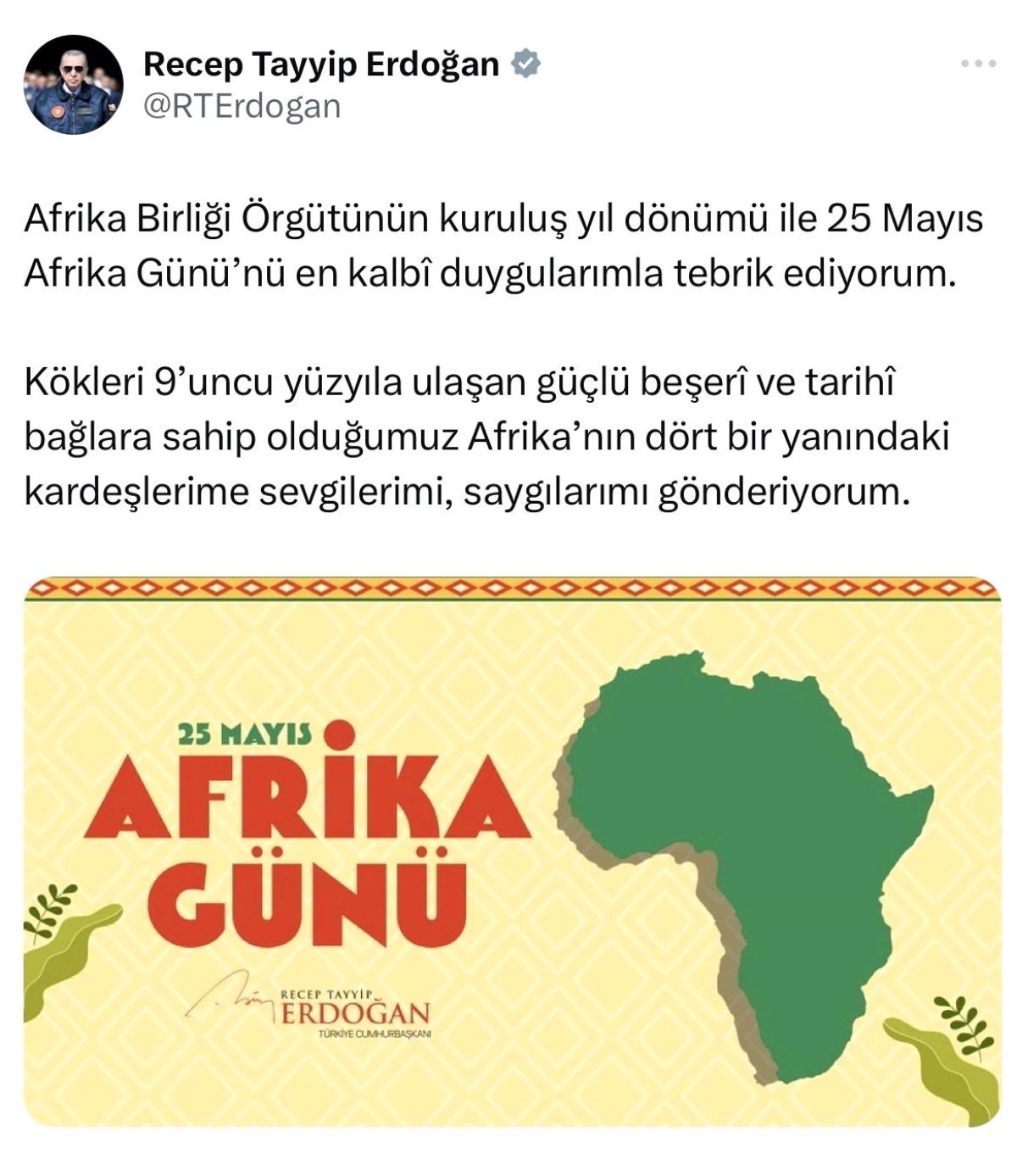 Cumhurbaşkanı Recep Tayyip Erdoğan, Afrika Birliği Örgütü\'nün kuruluş yıl dönümünü tebrik etti
