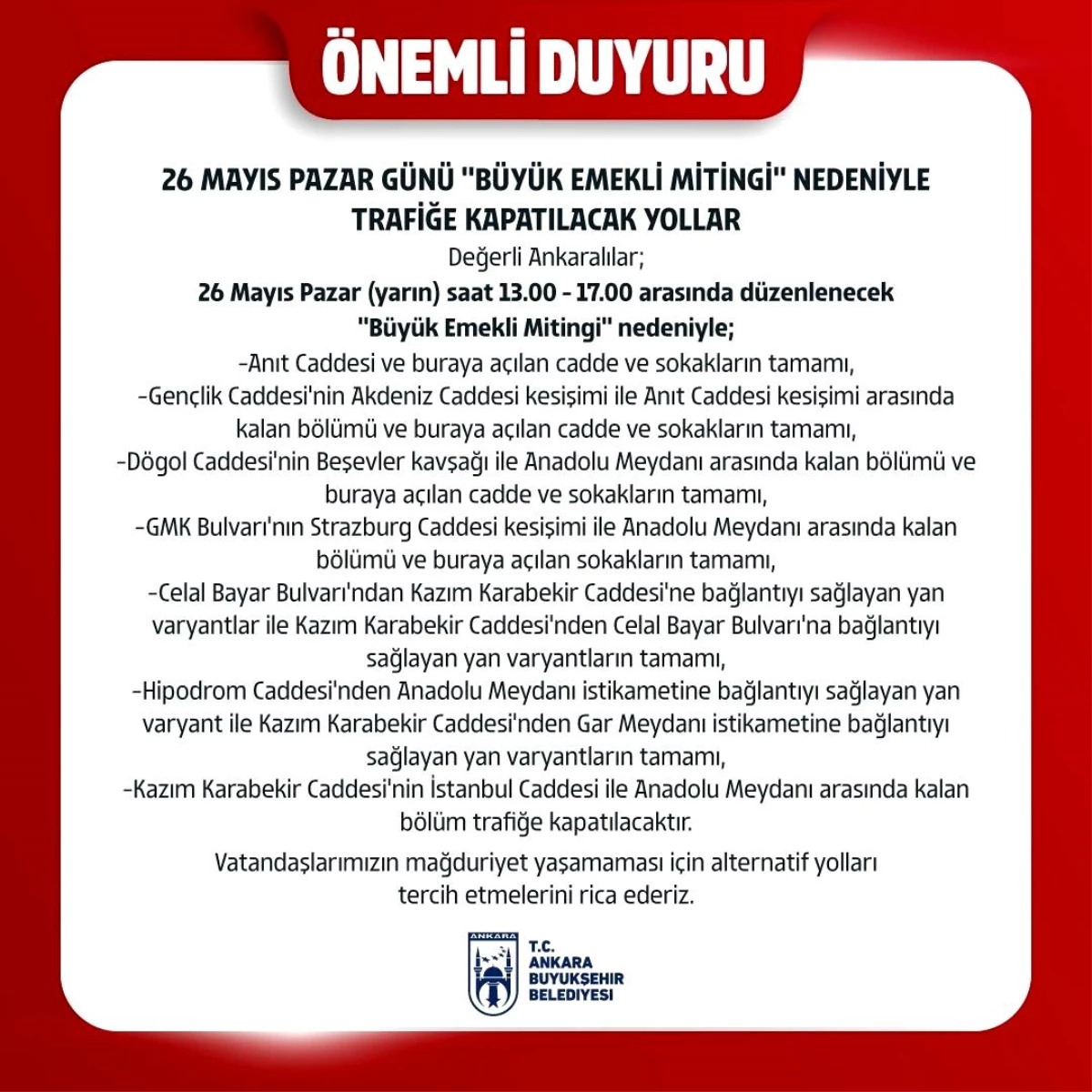Ankara\'da Büyük Emekli Mitingi Nedeniyle Yollar Kapatılacak