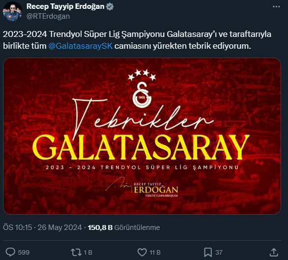 Cumhurbaşkanı Erdoğan, Süper Lig Şampiyonu Galatasaray'ı tebrik etti