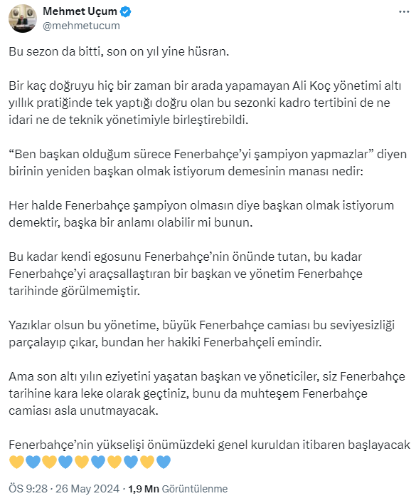 Cumhurbaşkanı Başdanışmanı Uçum'dan Fenerbahçe Başkanı Ali Koç'a salvolar