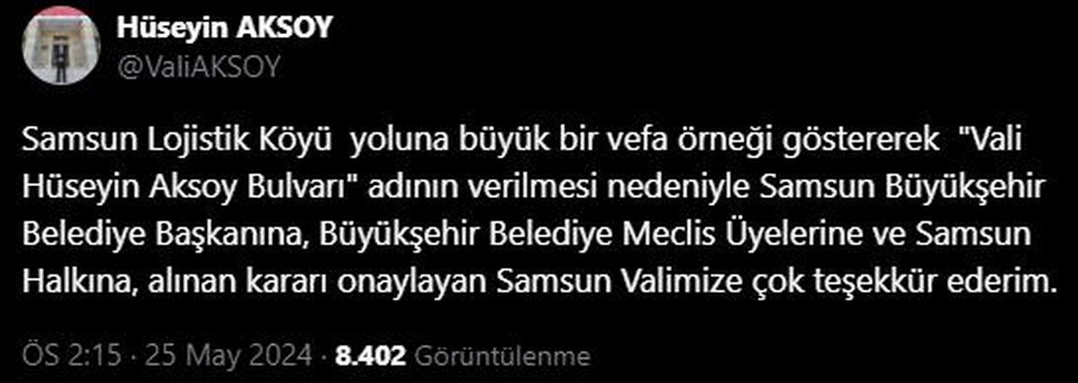 Eskişehir Valisi Hüseyin Aksoy\'a Samsun\'da bulvara isim verildi