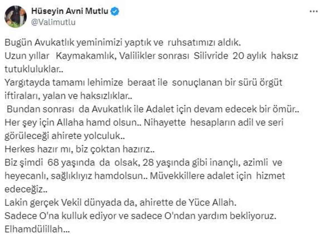 Eski İstanbul Valisi Hüseyin Avni Mutlu, 68 yaşında avukat oldu