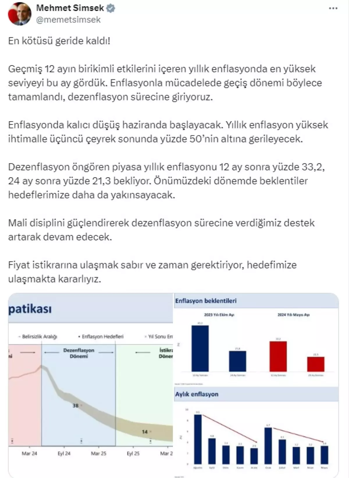 Şimşek: Enflasyonda kalıcı düşüş haziranda başlayacak