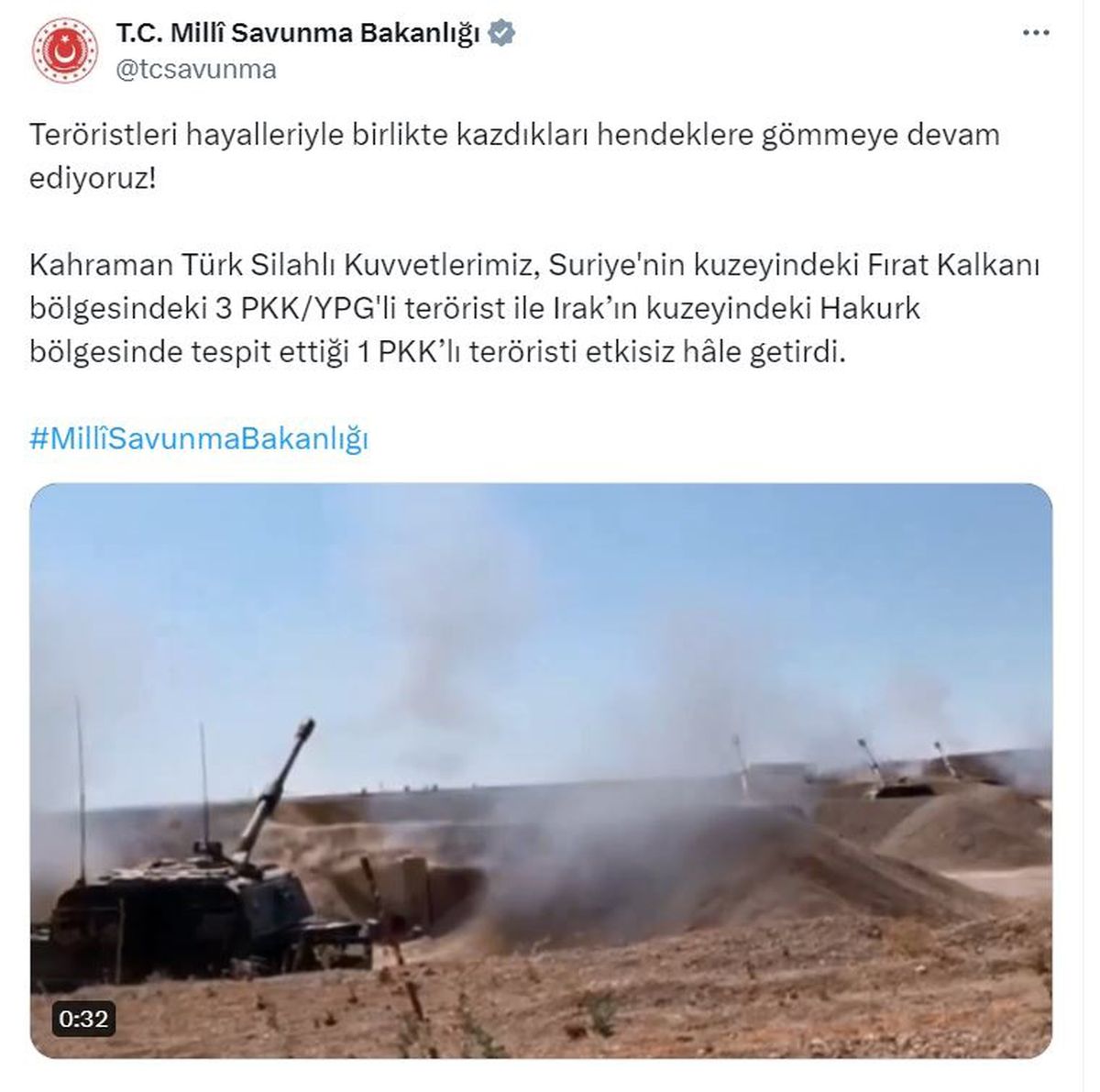 MSB: Fırat Kalkanı ve Hakurk bölgelerinde 4 terörist etkisiz hale getirildi