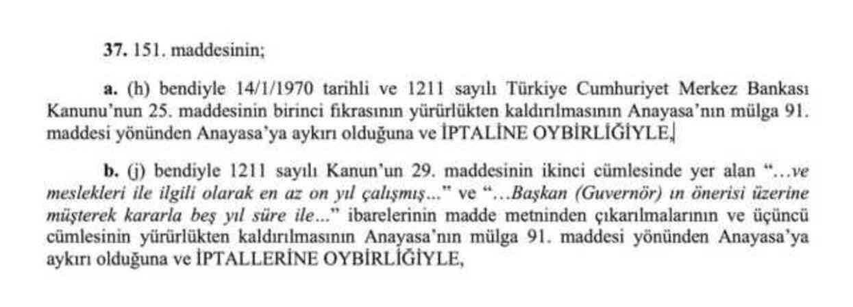 Erdoğan'ın Merkez Bankası başkanını görevden alma yetkisi iptal edildi Erdoğan'ın Merkez Bankası başkanını görevden alma yetkisi iptal edildi