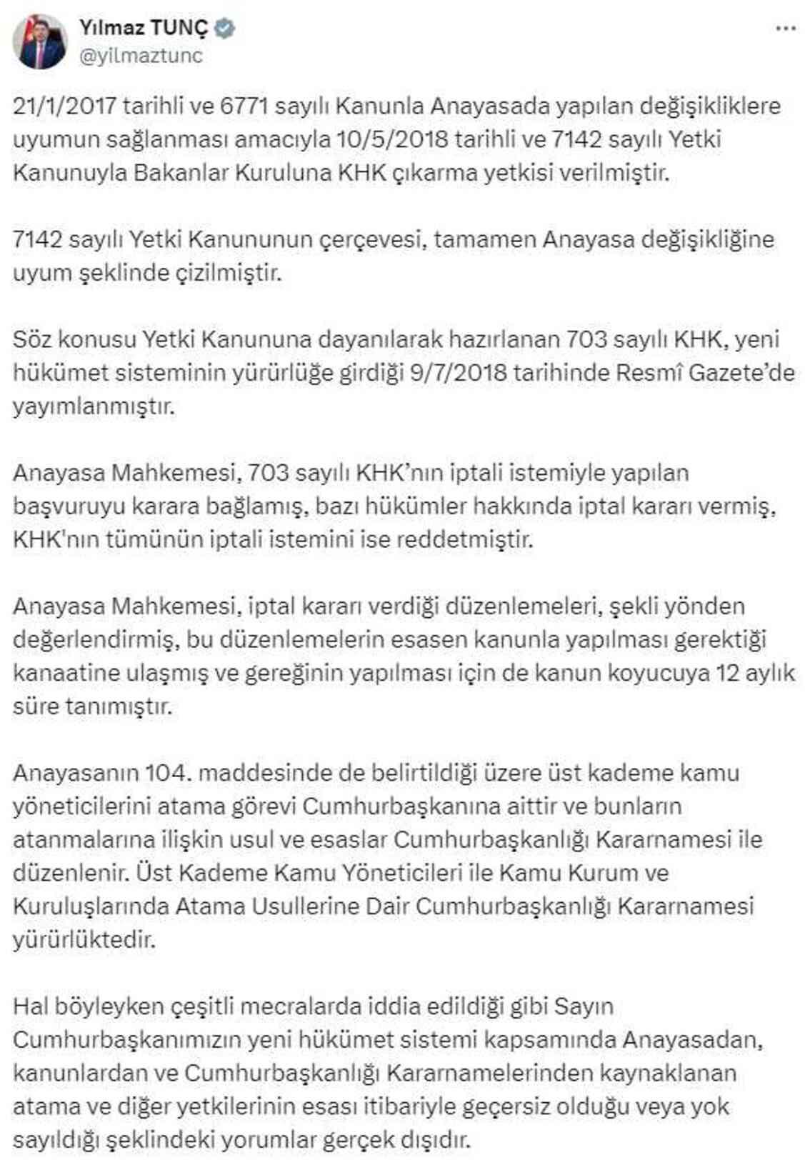 Bakan Tunç'tan AYM çıkışı: Cumhurbaşkanlığı Kararnameleri'nden kaynaklanan atamalar geçersiz değildir