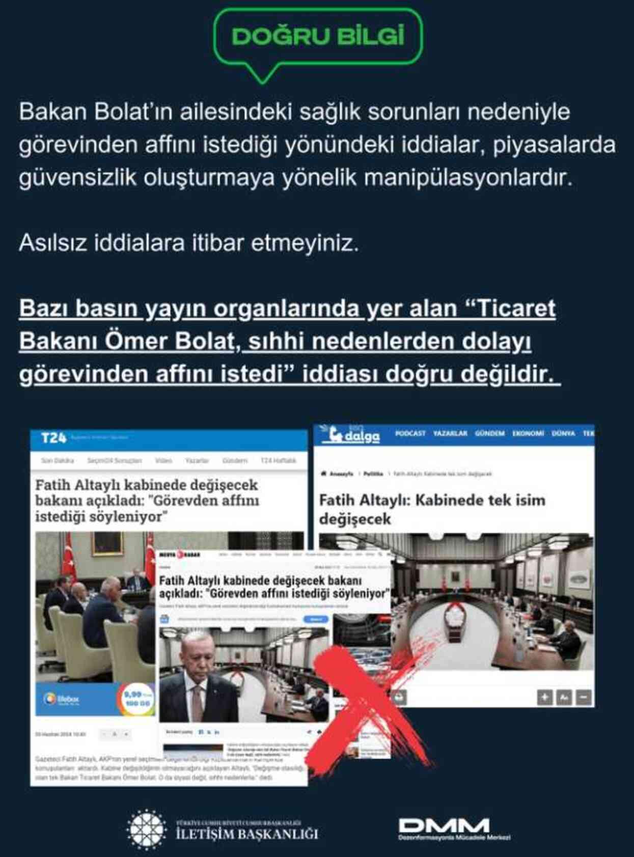 İletişim Başkanlığı: Ticaret Bakanı Ömer Bolat'ın görevinden affını istediği iddiası doğru değildir