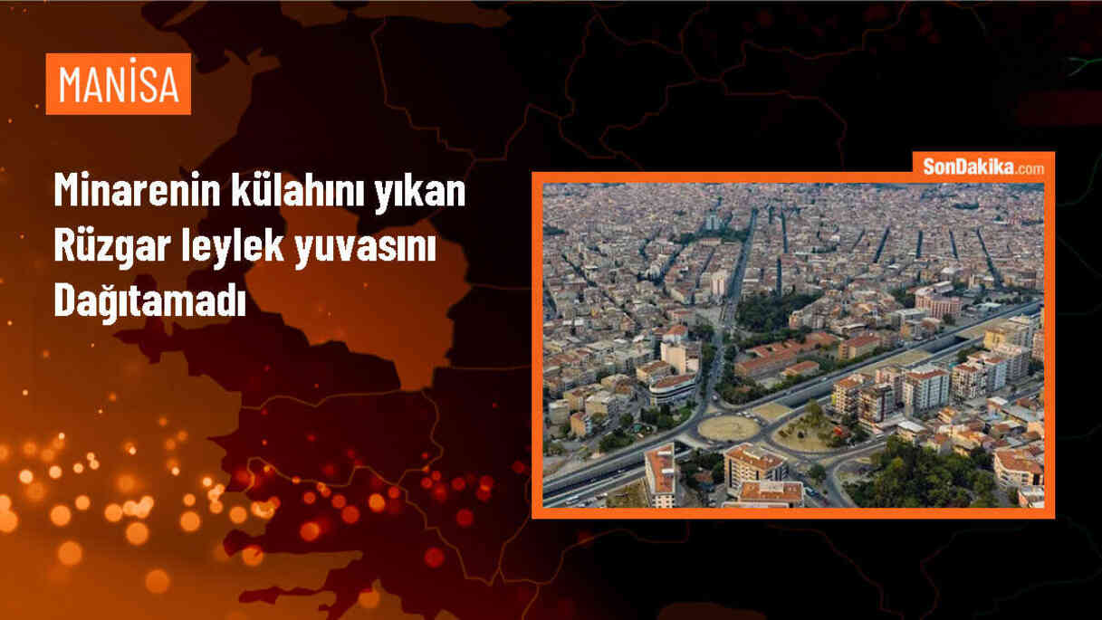 Manisa\'da şiddetli rüzgar cami minaresini yıktı, leylek yuvası sağlam kaldı