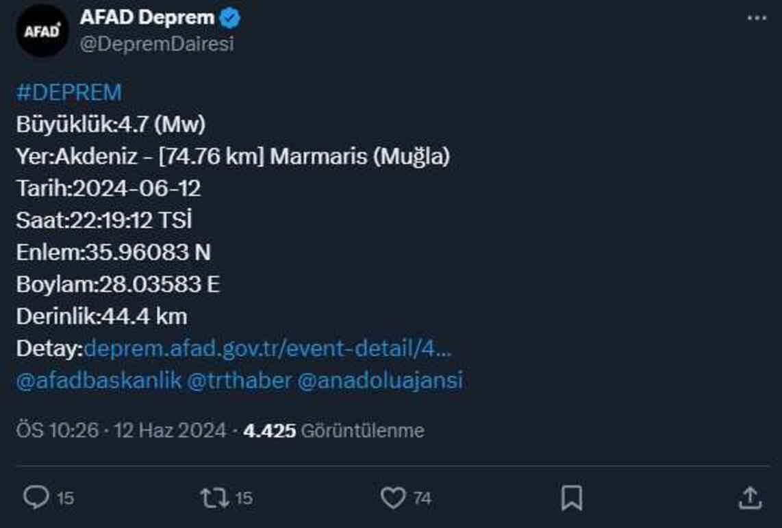 Muğla'nın Marmaris ilçesi açıklarında 4,7 büyüklüğünde deprem