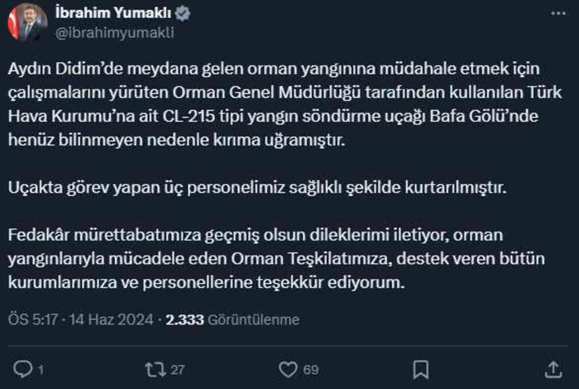 Aydın'da orman yangınına müdahale eden uçak Bafa Gölü'ne düştü