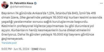 Bakan Koca: Bayramın ilk gününde 16 bin kişi kurban kesimi sırasında yaralandı