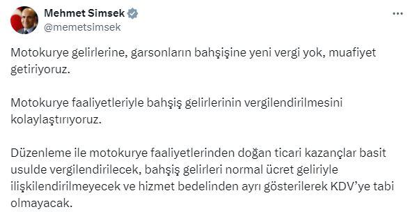 Bakan Şimşek: Bahşiş ve motokuryelere vergi muafiyeti getiriyoruz