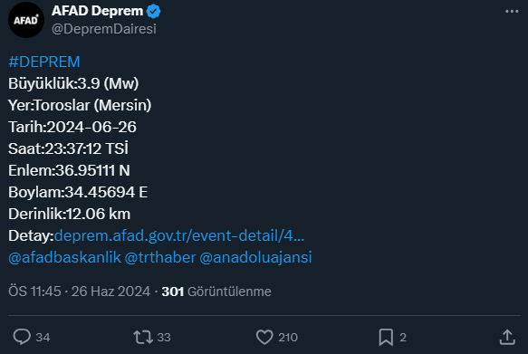 Mersin'de 3,9 büyüklüğünde deprem meydana geldi