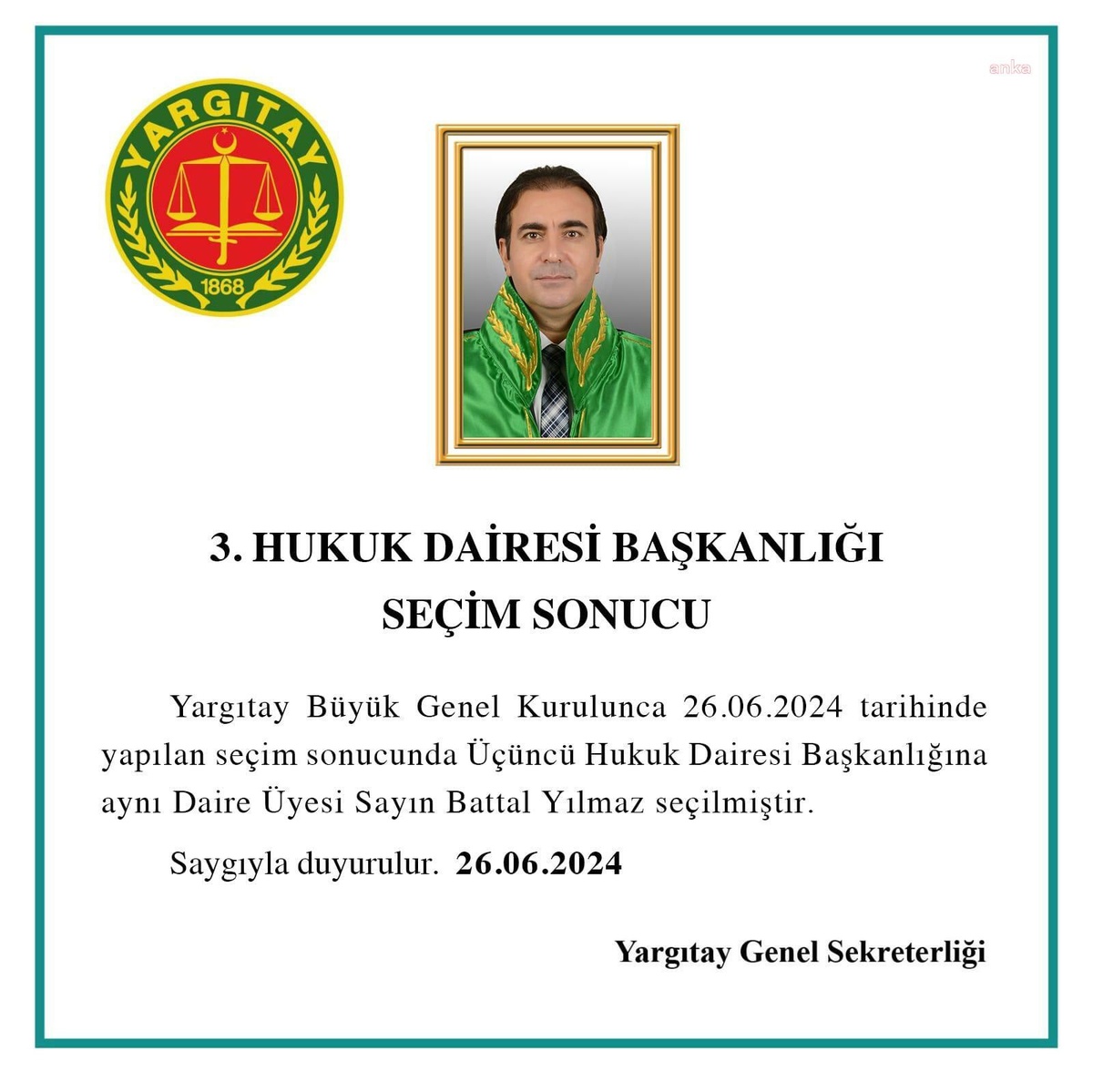 Yargıtay Üçüncü Hukuk Dairesi Başkanlığı\'na Battal Yılmaz seçildi