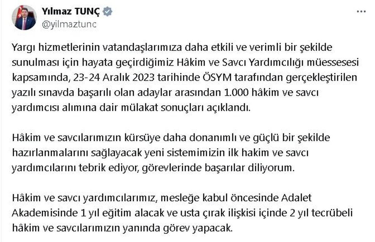 Bin hakim ve savcı yardımcısı alımı için mülakat sonuçları açıklandı