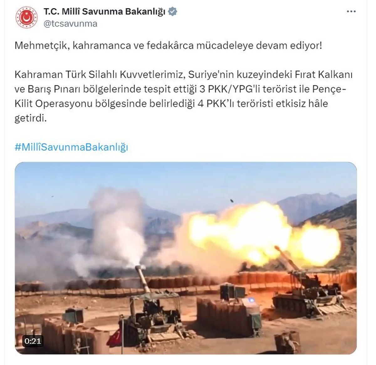 MSB: Fırat Kalkanı ve Barış Pınarı bölgelerinde 3 PKK/YPG\'li terörist etkisiz hale getirildi