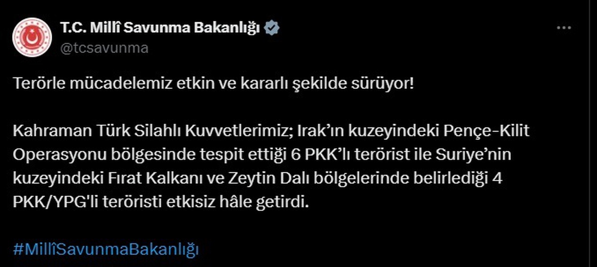 MSB: Pençe-Kilit Operasyonu\'nda 6 PKK\'lı terörist etkisiz hale getirildi
