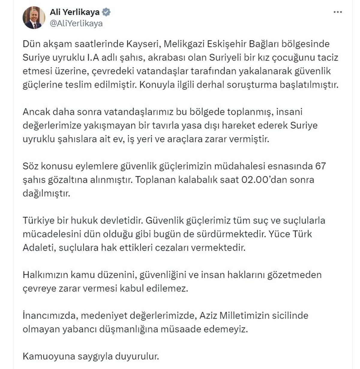 Kayseri\'de çocuğa taciz olayı sonrası yaşanan olaylarda 67 kişi gözaltına alındı