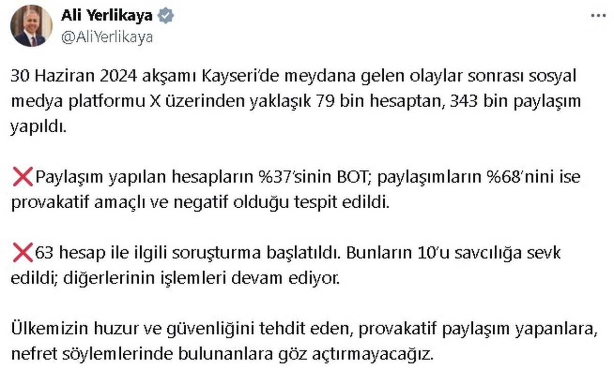 İçişleri Bakanı Yerlikaya: Huzur ve güvenliği tehdit edenlere göz açtırmayacağız