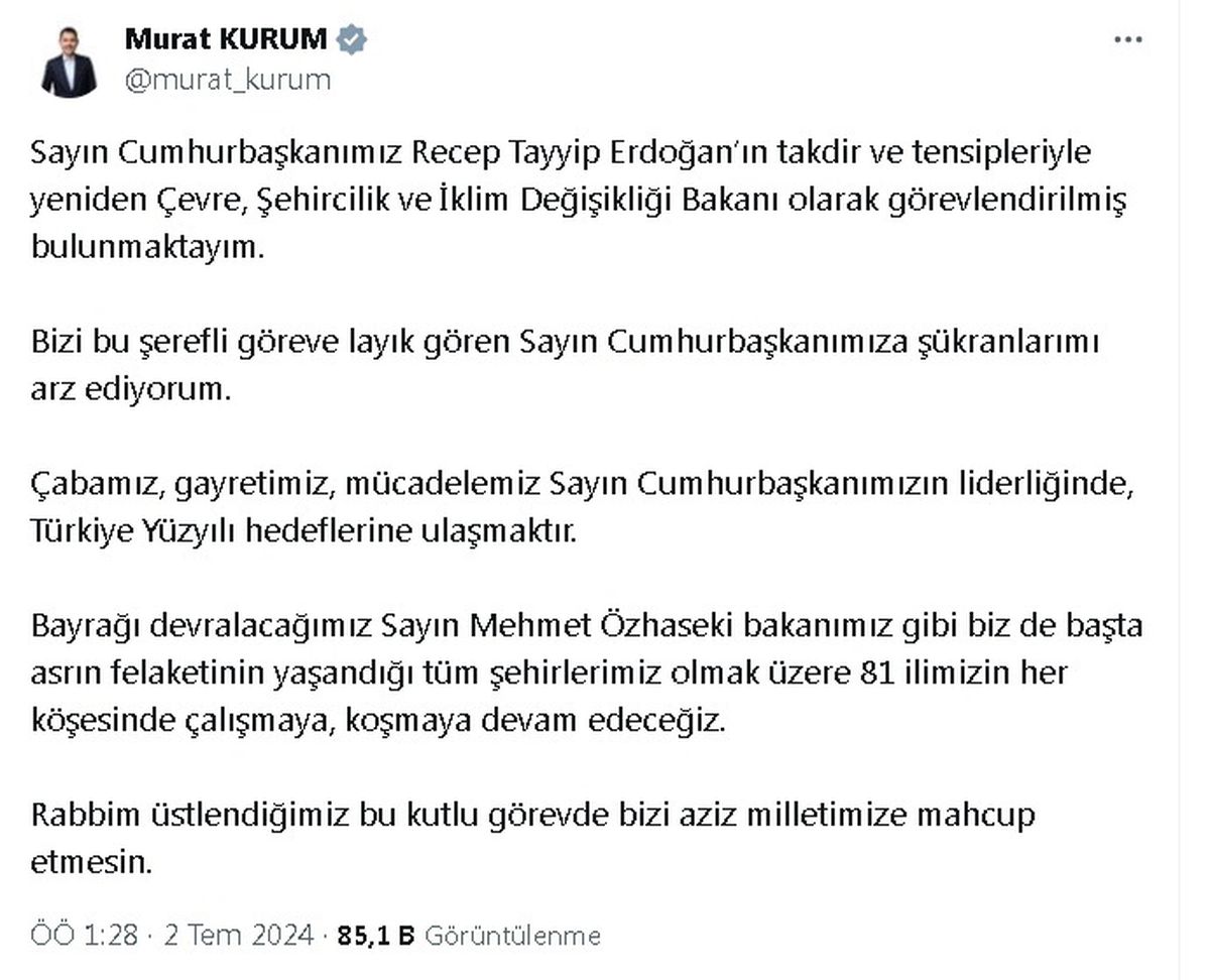 Çevre Bakanı Murat Kurum, Cumhurbaşkanı Erdoğan\'a teşekkür etti