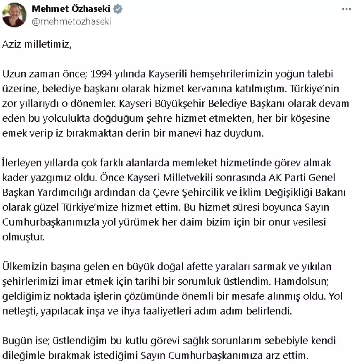 Çevre Bakanı Mehmet Özhaseki Görevinden İstifa Etti