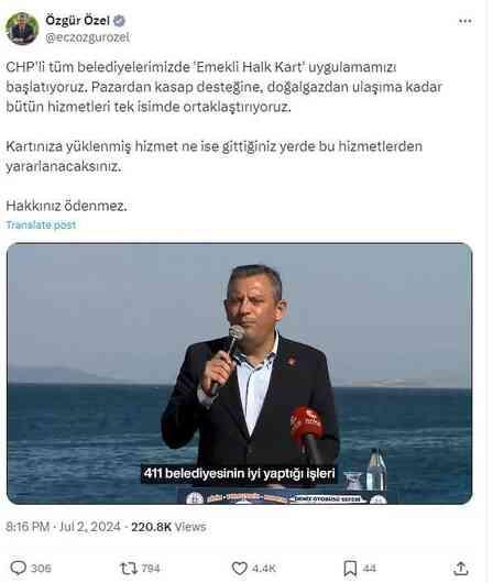 CHP lideri Özel: Yönettiğimiz tüm belediyelerde Emekli Halk Kart uygulamasını başlatıyoruz