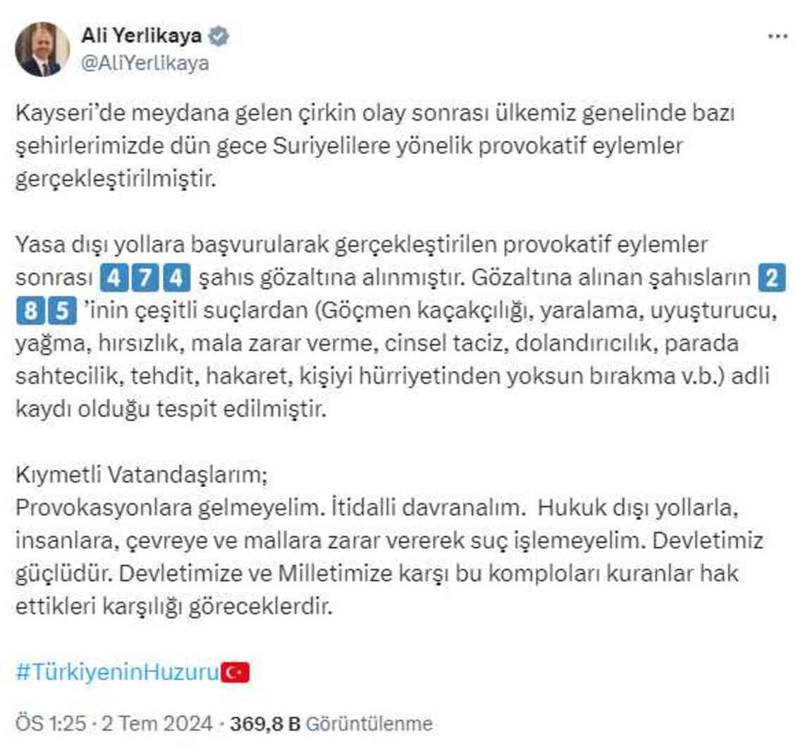 İçişleri Bakanı: Provokatif eylemlerde 474 kişi gözaltına alındı İçişleri Bakanı: Provokatif eylemlerde 474 kişi gözaltına alındı
