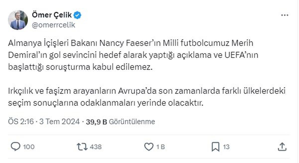 AK Parti Sözcüsü Çelik, Almanya İçişleri Bakanı\'nın açıklamasını kınadı