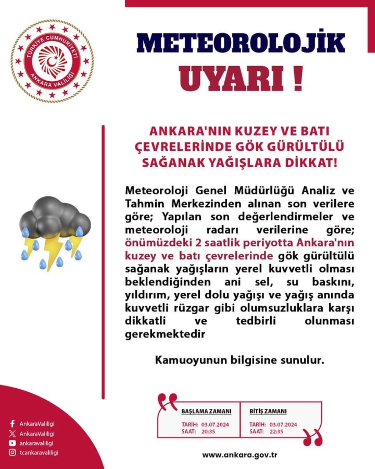 Ankara Valiliği Kuvvetli Yağış Uyarısı Yaptı