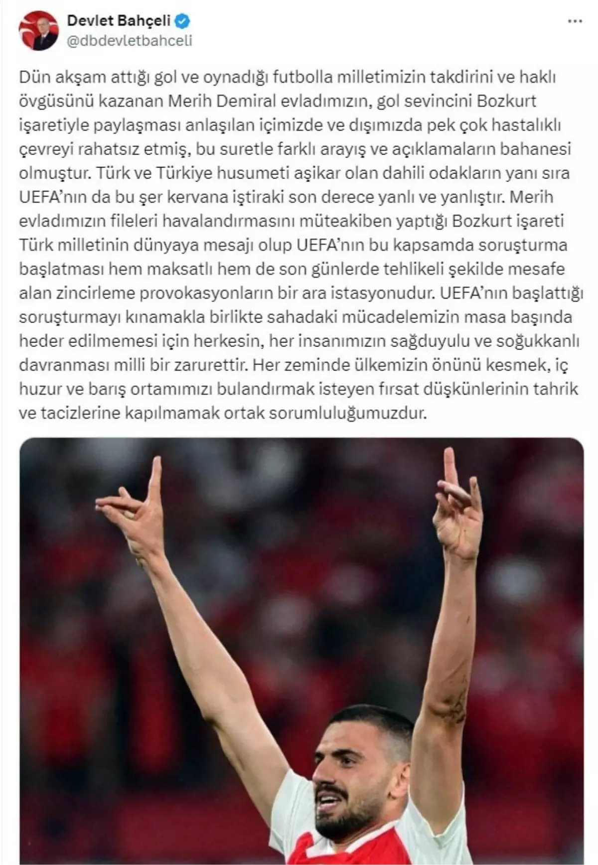 Bahçeli, Merih Demiral\'ın \'Bozkurt\' işareti soruşturmasını kınadı