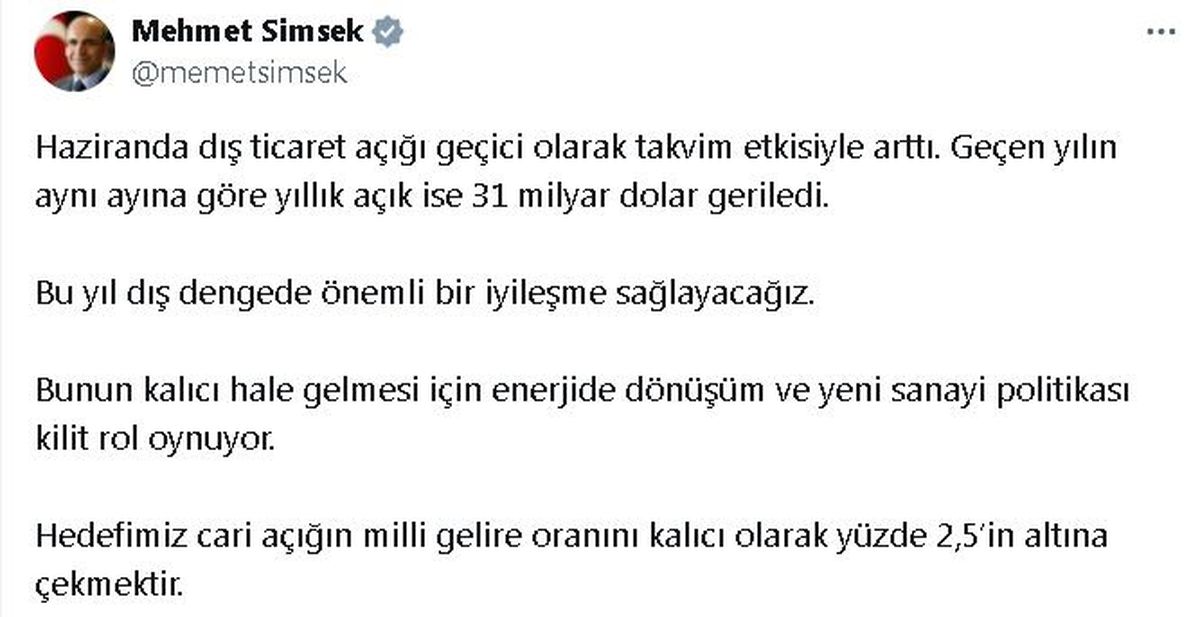 Bakan Şimşek: Dış ticaret açığı geçici olarak arttı