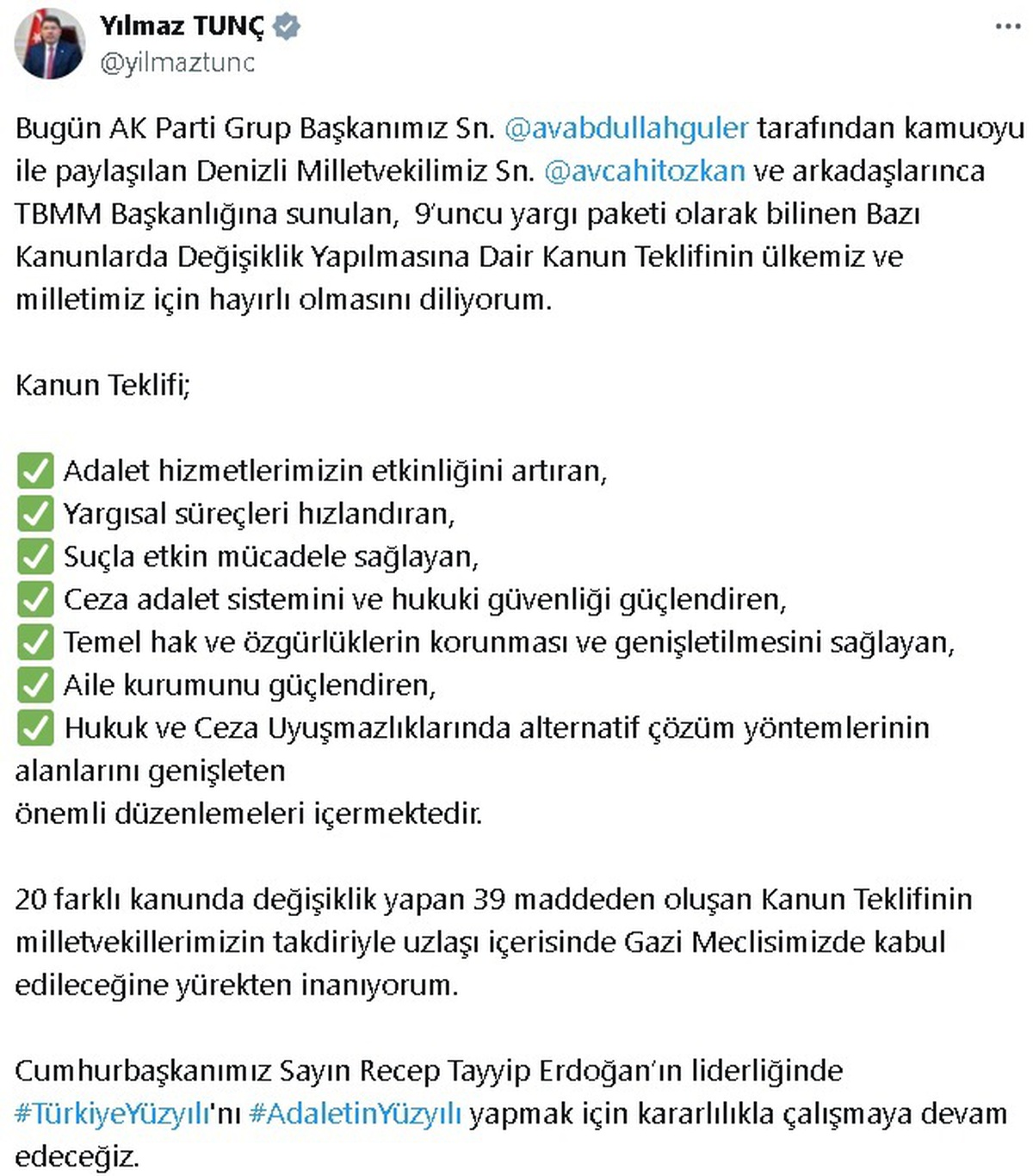 Adalet Bakanı Yılmaz Tunç, 9. Yargı Paketi Kanun Teklifi\'ni değerlendirdi