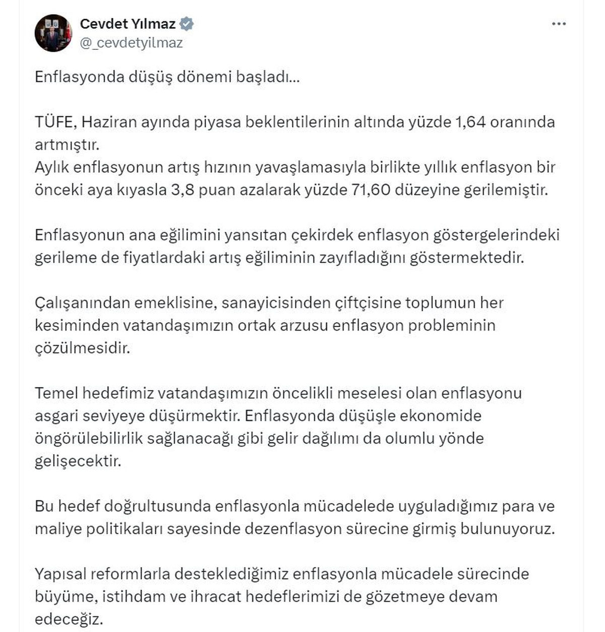 Cevdet Yılmaz: Enflasyonun azalması hızlanacak