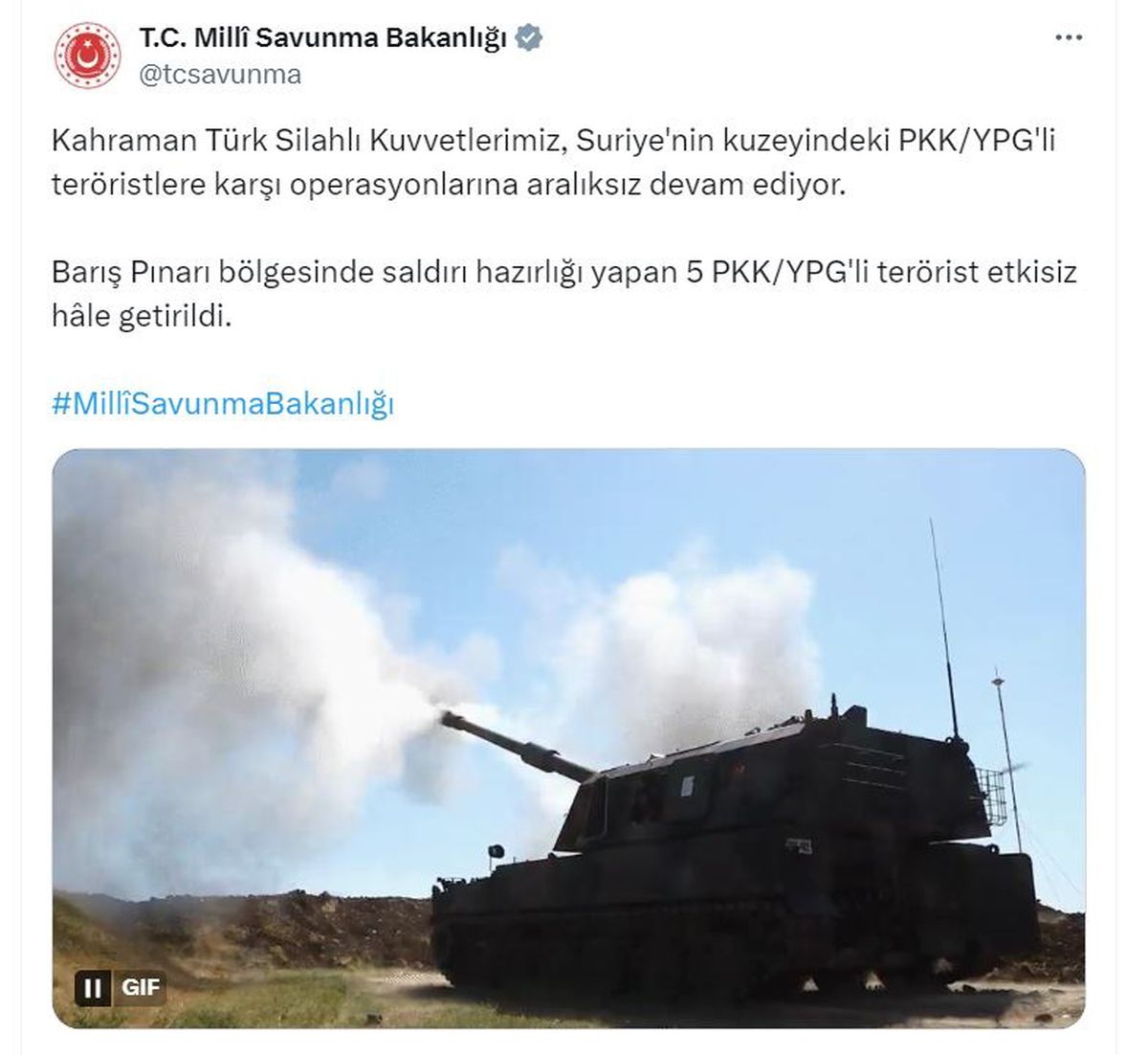 MSB: Barış Pınarı bölgesinde 5 PKK/YPG\'li terörist etkisiz hale getirildi