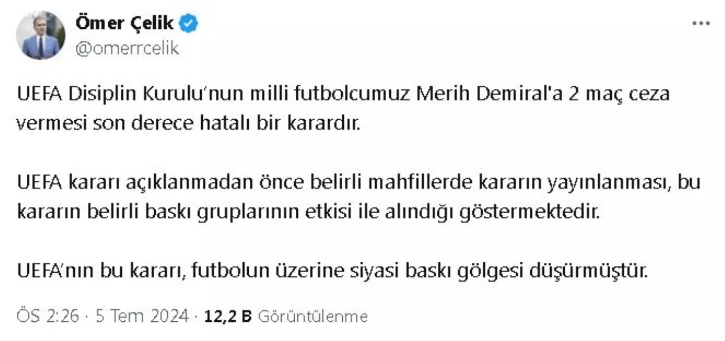AK Parti Sözcüsü: UEFA\'nın Merih Demiral\'a verdiği ceza futbolun üzerine siyasi baskı gölgesi düşürdü