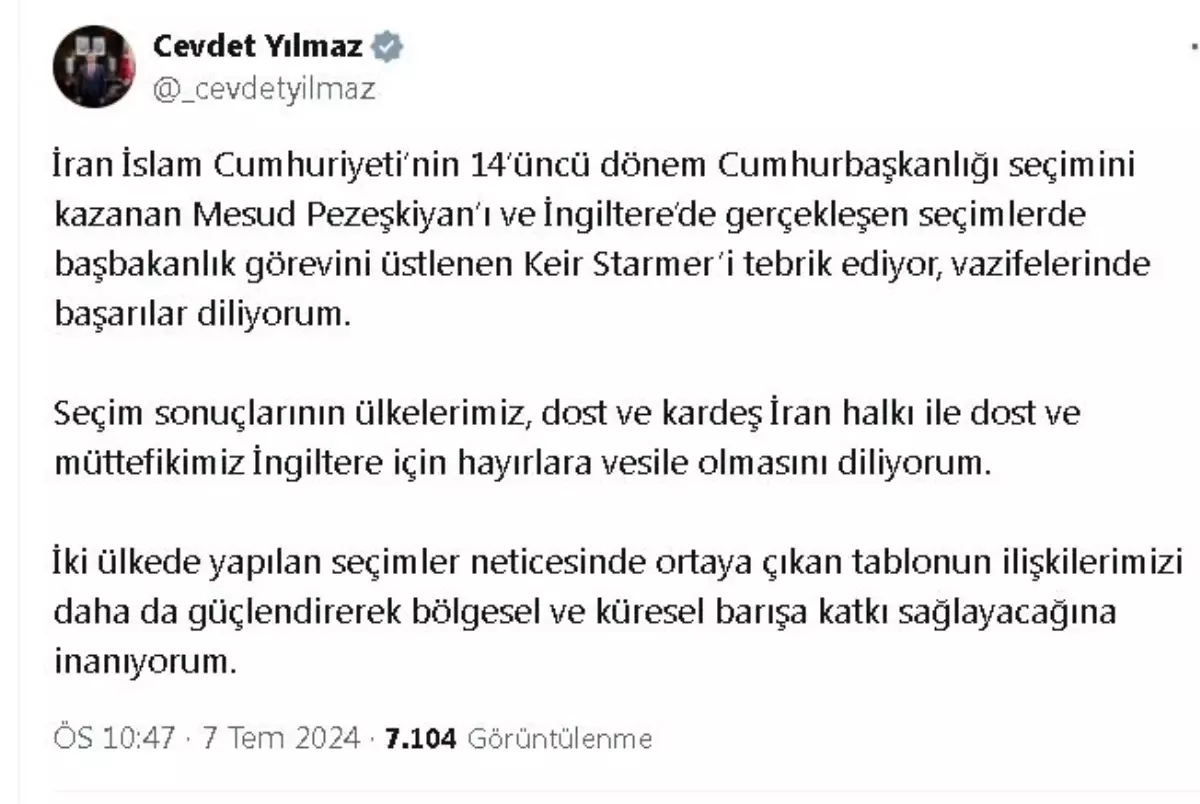 Cevdet Yılmaz, İran ve İngiltere\'deki seçimleri tebrik etti