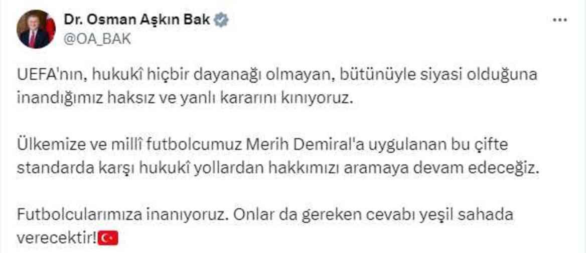 UEFA'nın Merih Demiral hakkındaki skandal kararına Ankara'dan tepki yağdı