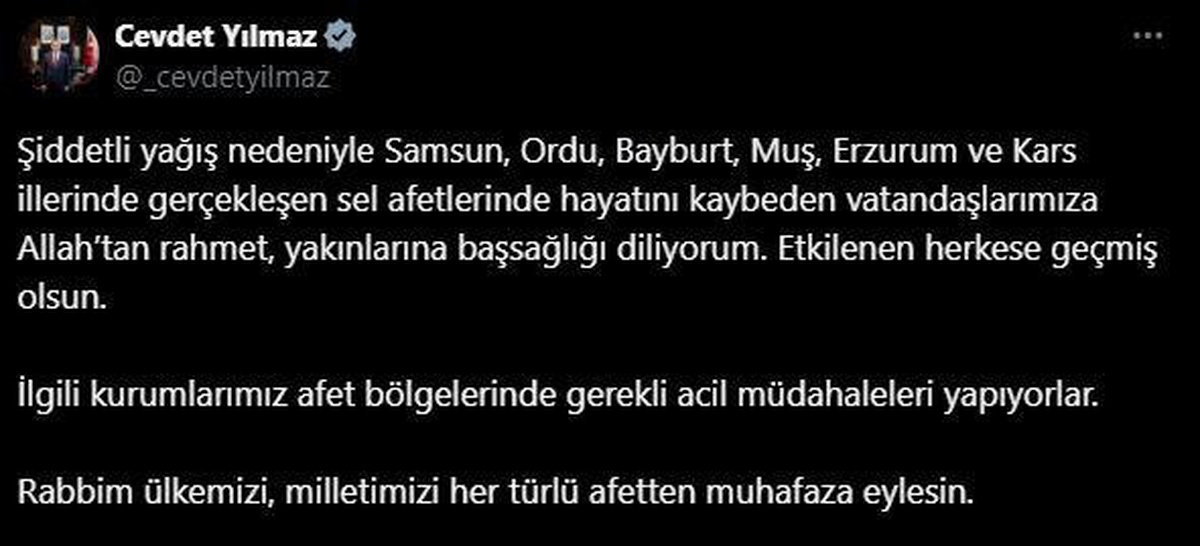 Cumhurbaşkanı Yardımcısı Cevdet Yılmaz, sel afetlerinde hayatını kaybedenlere başsağlığı diledi