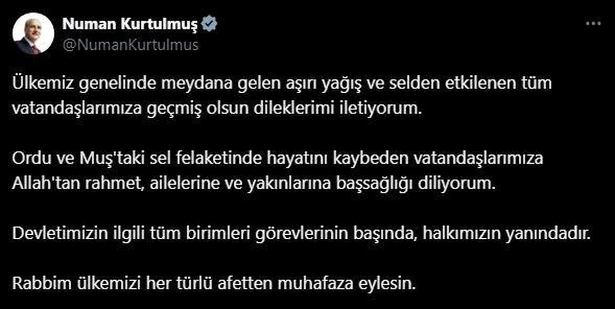 TBMM Başkanı Numan Kurtulmuş: Devletimizin ilgili tüm birimleri görevlerinin başında, halkımızın yanındadır