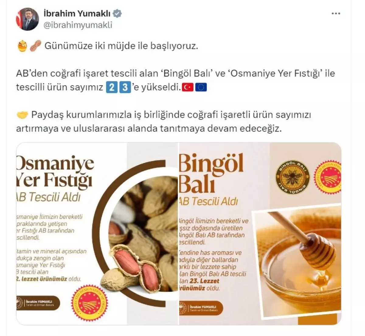 Bingöl Balı ve Osmaniye Yer Fıstığı AB\'den Coğrafi İşaret Tescili Aldı