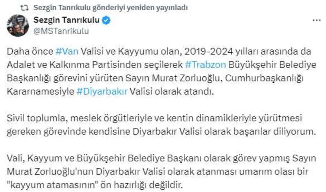 CHP'li Tanrıkulu valilik atamasına dikkat çekti: Diyarbakır'a kayyum hazırlığı mı yapılıyor?