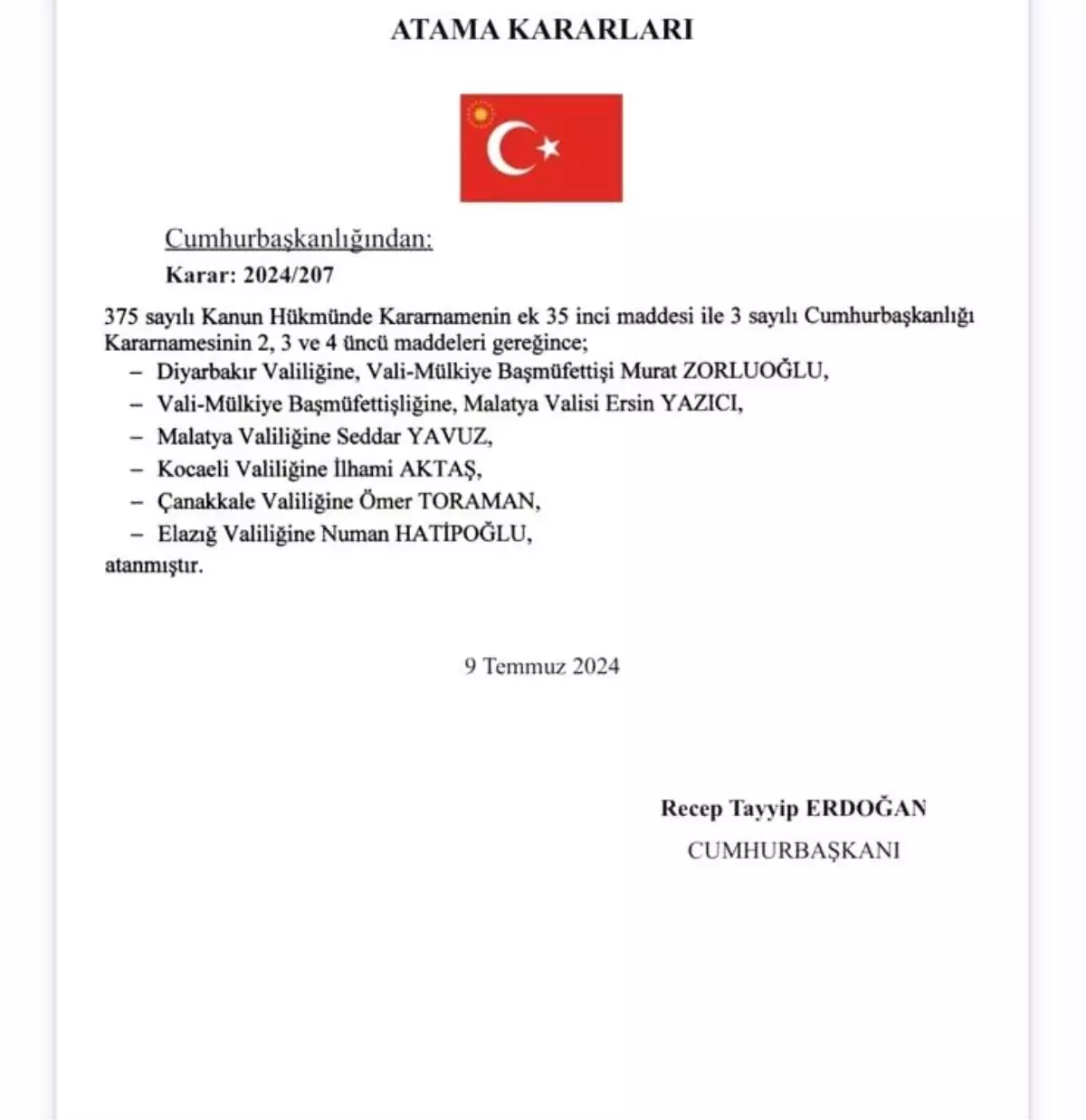 Elazığ Valiliğine Numan Hatipoğlu atandı