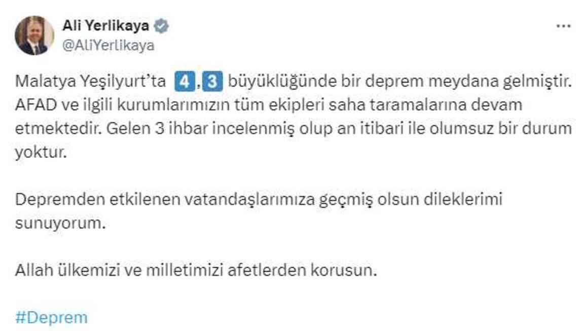 Malatya'da 4.3 büyüklüğünde deprem! Sarsıntı çevre illerde de hissedildi Malatya'da 4.3 büyüklüğünde deprem! Sarsıntı çevre illerde de hissedildi